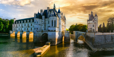 fairytale chenonceau castle over sunset, beautiful castles of loire valley , france travel and landm