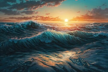 Wall Mural - The sunset reflects off the sea's smooth surface. The ocean's warm tones at morning are completely natural. Sunset over a sea of foamy, tiny waves. Dawn light shining across the ocean. Wonderful natur