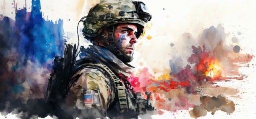 Warzone Soldier Watercolor Painting, Generative AI