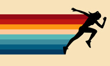 Sprinting Woman Vector Silhouette. Sprint, Fast Run. Runner Starts Running. Start. Vintage Striped Backgrounds, Posters, Banner Samples, Retro Colors From The 1970s 1980s, 70s, 80s, 90s. Retro Vintage
