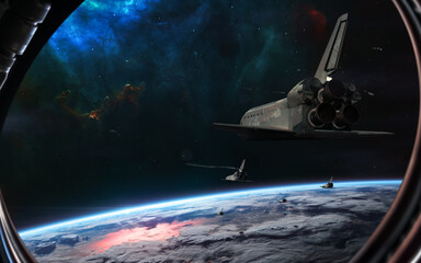 Wall Mural - space shuttles in orbit of planet earth. view from porthole. solar system. science fiction. elements