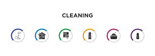 Wall Mural - cleaning filled icons with infographic template. glyph icons such as hand wash, cleaning house, cleaning window, deodorizer, washing plate, dishwashing detergent vector.