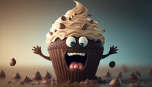 Cute Cartoon Cupcake, Fluffy Cartoon Cupcake, Very Delicious, With A Frothy Smile And Cute Kind Eyes, Want To Eat A Fairy Soft Cake, Created By Generative Ai