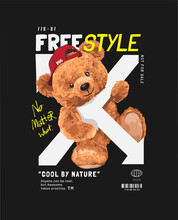 Free Style Slogan With Bear Doll Standing Behind Bar Vector Illustration On Black Background
