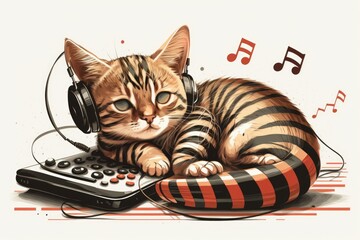 Poster - Kitten cat with stripes and headphones, lying on a white bed. A theory about musical pets. Generative AI