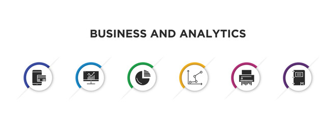 Sticker - business and analytics filled icons with infographic template. glyph icons such as online payment, analytics monitor, graph pie, charts, shredder, workbook vector.