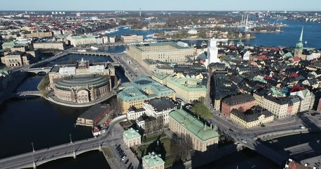 Poster - Stockholm Old Town and Royal Palace in Background. It is located in Gamla Stan Island in Stockholm, Sweden. Drone Point of View