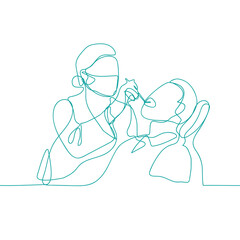 Continuous vector illustration of dentist, examining patient teeth condition. Medical health care service worker, teeth treatment care concept continuous line draw desig illustration.