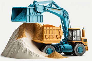 Poster - In opencast mining, an excavator loads sand into a waiting truck. Open pit sand mining with an excavator. Construction sand pit with excavator. Loading dirt into a truck is one of the Earthmover's tas