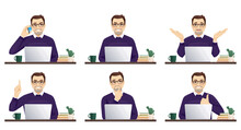 Handsome Mature Business Man Using Laptop Computer Sitting At A Desk Isolated Vector Illustration