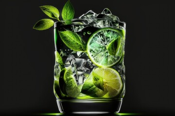 Sticker - Lemonade with ice, lime, and mint, served in a glass. Artistic summertime wallpaper. The iconic Mojito cocktail. Perspective from on high; blank black ground; ample copy space. Generative AI