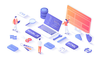 Wall Mural - Full Stack Developer. Programmer who can work with software and hardware part of the service Back-end and user interface Front-end. Isometry illustration with people scene for web graphic.