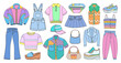 © ADELART - 90s fashion doodles set. 2000s style woman clothes collection. Y2k trendy doodle. Retro 90s clothes, shoes, bags. Millennial childhood fashion. 90s and 2000s nostalgia.