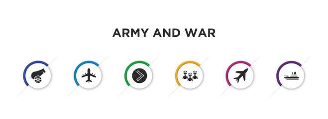 Wall Mural - army and war filled icons with infographic template. glyph icons such as canon, plane, chevron, brigade, airplane, militar ship vector.