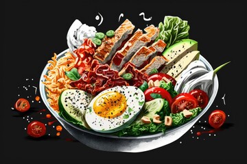 Wall Mural - Tossed salad in the Cobb style. Tomato, bacon, grilled chicken, eggs, avocado, and Roquefort cheese on a gray background make up the classic American salad. Generative AI