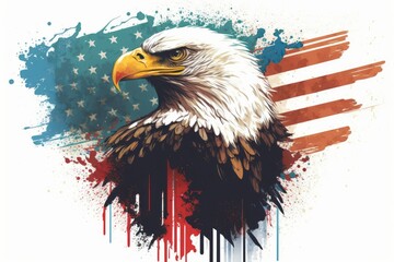 Wall Mural - Bald Eagle, a symbol of North America, draped on the American flag. Ideals that are deeply rooted in patriotism. Generative AI