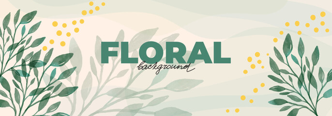 Spring background with watercolor branches for banner design. Template with leaves, stems, floral elements