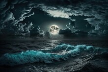 A Night At Sea, A Dark And Stormy Night On The Ocean. Generative AI