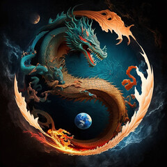 Wall Mural - dragon, planet earth, moon, yin yang