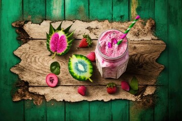 Canvas Print - Smoothie with pink raspberry and dragon fruit, fruit slices, and a worn wooden background. Generative AI