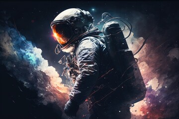 a spaceman out on a spacewalk. space themed artwork, ideal for use as science fiction wall coverings