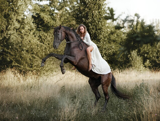 Wall Mural - Beautiful girl riding a horse rearing up