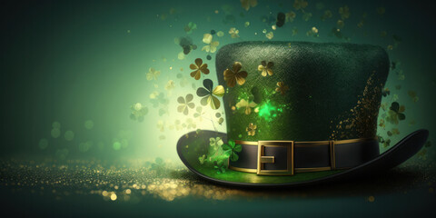 Sticker - St Patrick's day lucky leprechaun hat with green four leaf clover. Generative ai