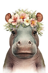 Wall Mural - Baby hippo hippopotamus with a crown of flowers isolated on a white background watercolor, Generative AI