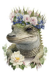 Wall Mural - Baby alligator with a crown of flowers isolated on a white background watercolor, Generative AI