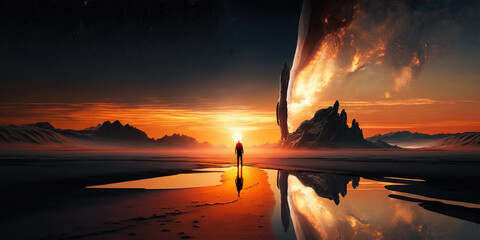 Wall Mural - sunset on the fantasy futuristic world. Generative AI