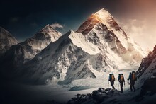 A Thrilling Adventure Awaits As One Hikes To The Snowcapped Peak Of A Majestic Mountain Range, Enjoying Natures Beauty In A Wintery Environment. Ai Generated.