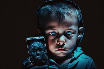 Boy alone and scared in the dark of his room with a mobile.Ai generated.