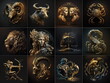 Premium Golden Set of zodiac signs against space nebula background. Astrology calendar. Esoteric horoscope and fortune telling concept. Created with Generative AI
