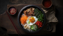 Delicious bibimbap served in a traditional dolsot with sauce and chopsticks. Generative AI