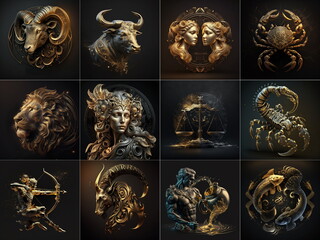 premium golden set of zodiac signs against space nebula background. astrology calendar. esoteric hor