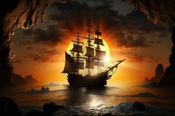 Canvas Print - Sun setting on pirate ship. Generative AI