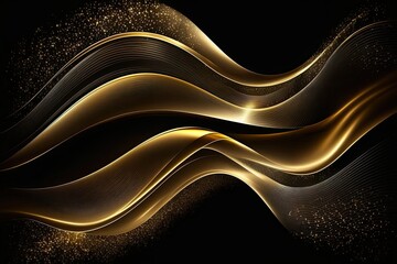 Wall Mural - Glittering gold abstract wave pattern on a black background. Generative AI