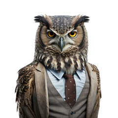Wall Mural - Portrait of an owl dressed in a formal business suit on white background, transparent png, generative ai