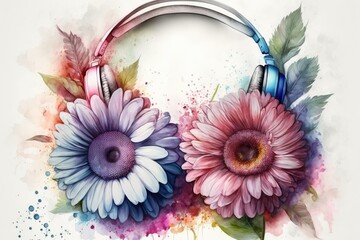 Poster - Headphones in the color pink, decorated with a swarm of purple and blue Gerbera daisies. Bouquet of vibrant spring flowers. Audio and music in stereo. The idea that music or flowers can inspire creati