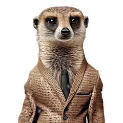 Portrait of a meerkat dressed in a formal business suit on white background, transparent png, generative ai