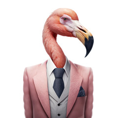 Wall Mural - Portrait of a flamingo dressed in a formal business suit on white background, transparent png, generative ai