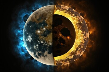 Canvas Print - combined totality of the moon and sun a glimpse of earth's surface obscured by a passing satellite. 