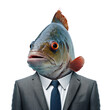 Portrait of a fish dressed in a formal business suit on white background, transparent png, generative ai