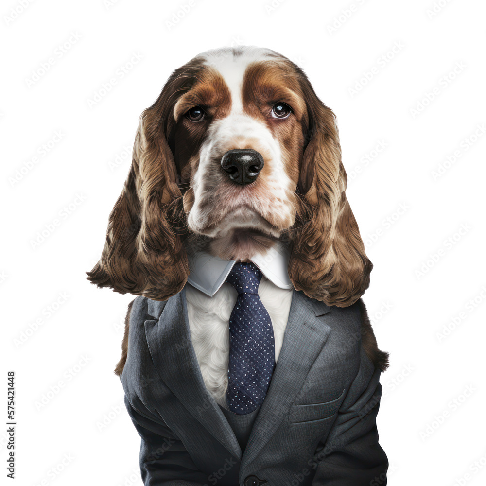 Portrait of a dog dressed in a formal business suit on white background ...
