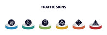 traffic signs infographic element with filled icons and 6 step or option. traffic signs icons such as no shopping cart, nuclear, no parking, no camping, merging, bridge road vector.