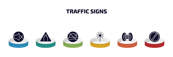 Wall Mural - traffic signs infographic element with filled icons and 6 step or option. traffic signs icons such as no sound, narrow road, no rodents, laser, magnetic field, forbidden vector.