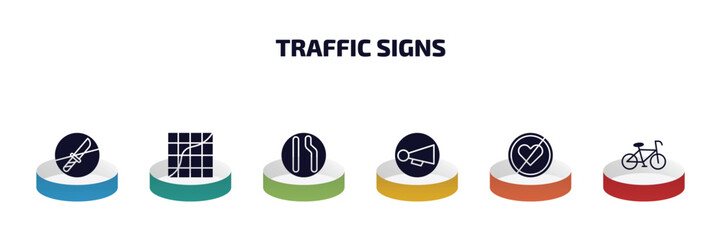 Wall Mural - traffic signs infographic element with filled icons and 6 step or option. traffic signs icons such as no weapons, curves, lane, horn, lovemaking, bicycle vector.