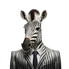 Portrait Of A Zebra Dressed In A Formal Business Suit On White Background, Transparent Png, Generative Ai