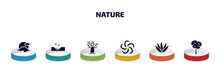 Nature Infographic Element With Filled Icons And 6 Step Or Option. Nature Icons Such As Sun Fuji Mountain, Sow, Leafless Tree, Whirlpool, Agave, Bigtooth Aspen Tree Vector.
