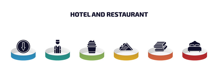 Wall Mural - hotel and restaurant infographic element with filled icons and 6 step or option. hotel and restaurant icons such as go down, bellboy, frozen yogurt, sandwich, towels, beds vector.